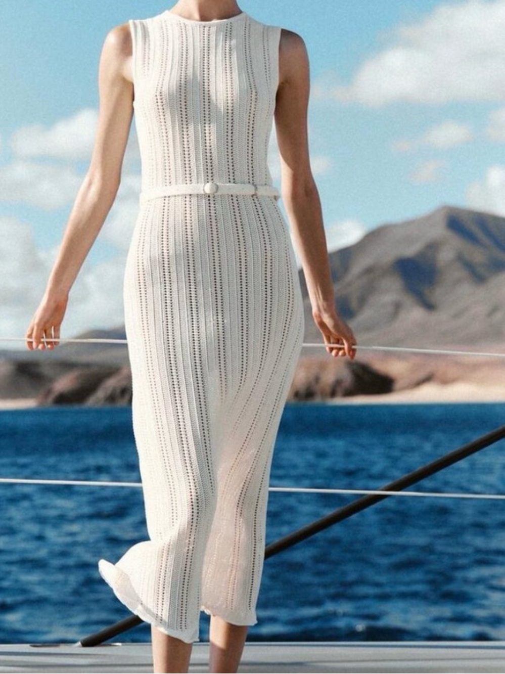 Zara Pointielle Sleeveless Knit Midi Dress in Cream